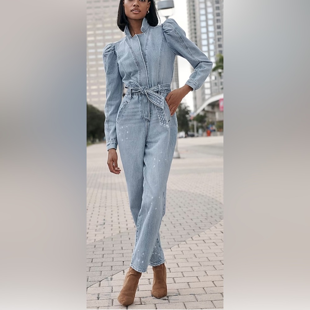 EXPRESS Puff Sleeve Tie Waist Medium Wash Denim Jumpsuit